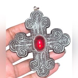 Y2K Gothic Cross Necklace 2.5” Red Glass Cabochon Pendant Mall Goth Costume